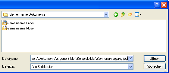 Dateiauswahldialog einer Windows-Anwendung mit eingefügtem Dateinamen